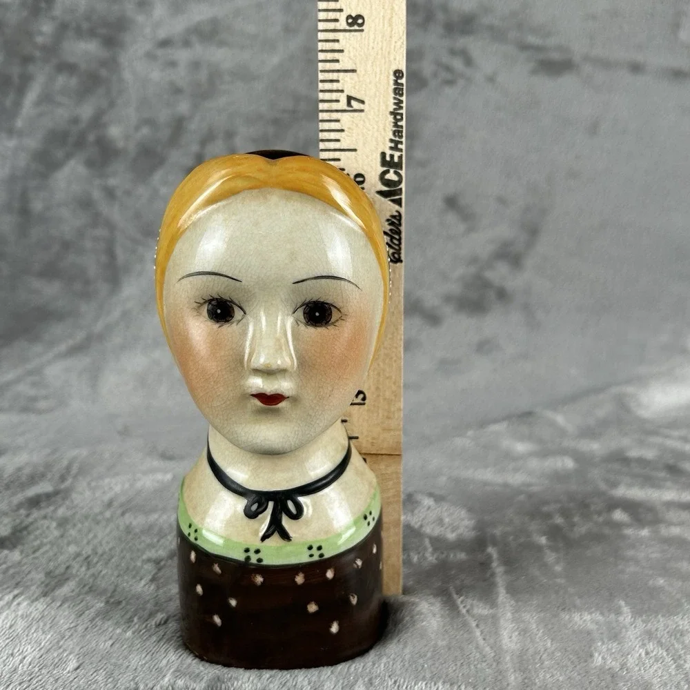 Vintage Ceramic Lady Head Wall Pocket Vase Planter Blonde Woman Polka Dot Dress